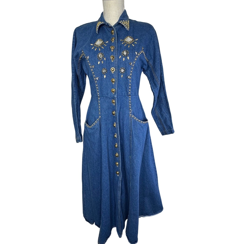 Vintage Junior Jean Denim Dress Embellished Small Made in USA